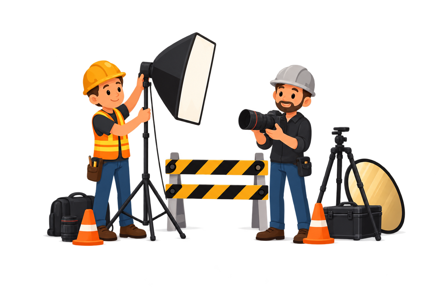 Dos profesionales preparando un estudio fotográfico con cámara, trípode y luces